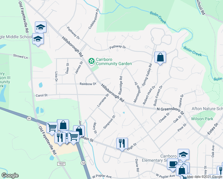 map of restaurants, bars, coffee shops, grocery stores, and more near 900 Hillsborough Road in Chapel Hill