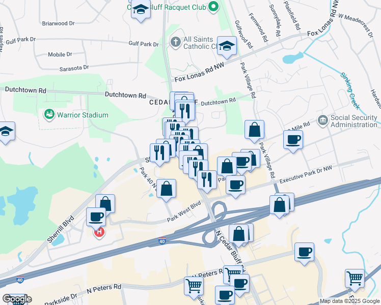 map of restaurants, bars, coffee shops, grocery stores, and more near 402 North Cedar Bluff Road in Knoxville
