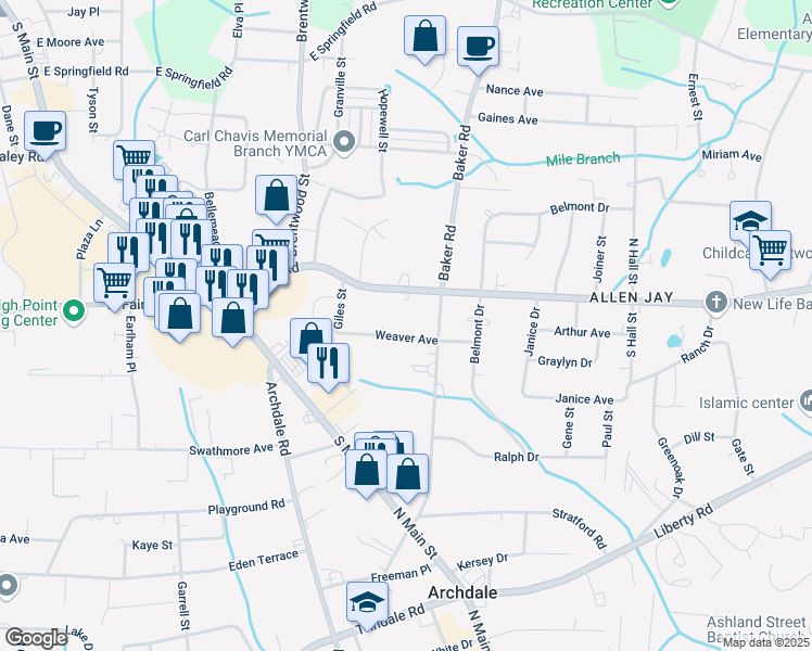 map of restaurants, bars, coffee shops, grocery stores, and more near 525 Weaver Avenue in Archdale