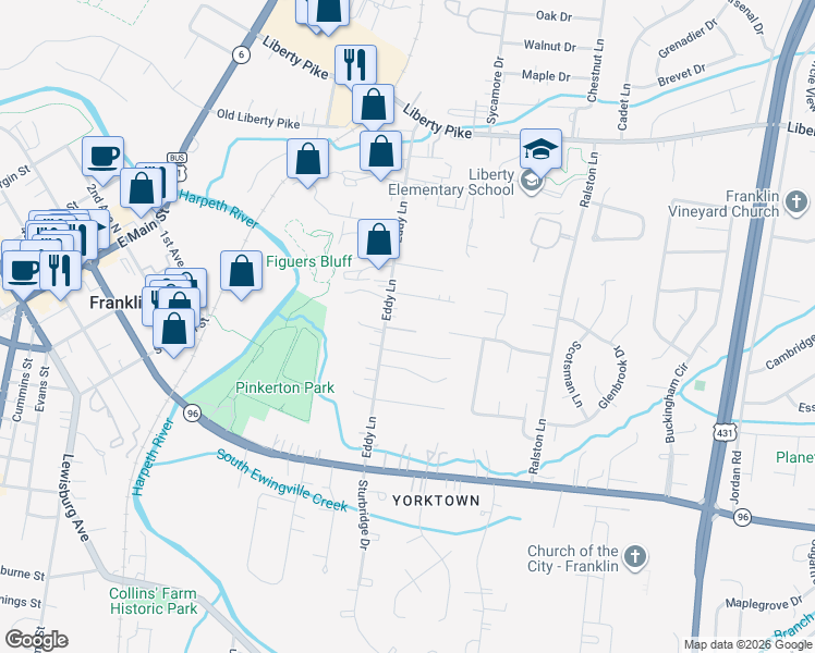 map of restaurants, bars, coffee shops, grocery stores, and more near 407 Eddy Lane in Franklin