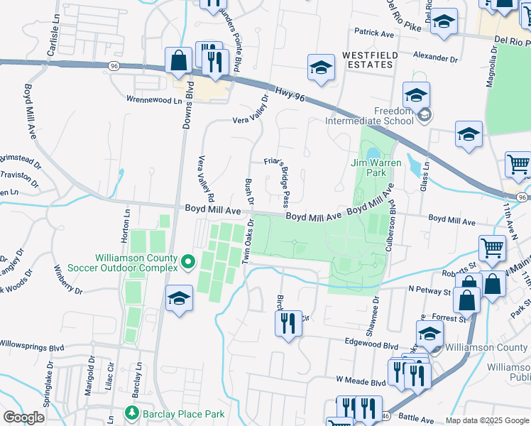 map of restaurants, bars, coffee shops, grocery stores, and more near Boyd Mill Avenue in Franklin