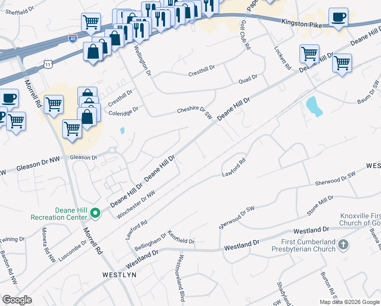 map of restaurants, bars, coffee shops, grocery stores, and more near 7128 Deane Hill Drive in Knoxville