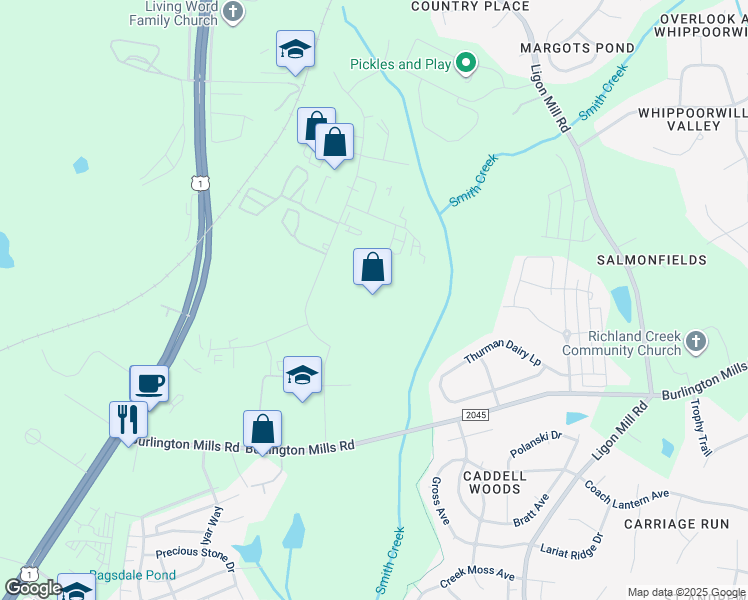 map of restaurants, bars, coffee shops, grocery stores, and more near 5036 1 World Way in Wake Forest