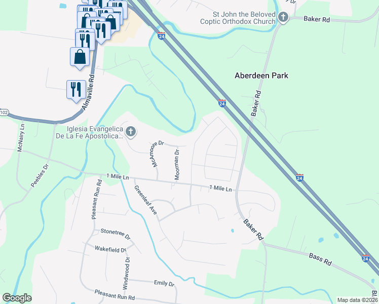 map of restaurants, bars, coffee shops, grocery stores, and more near 127 Neecee Drive in Smyrna