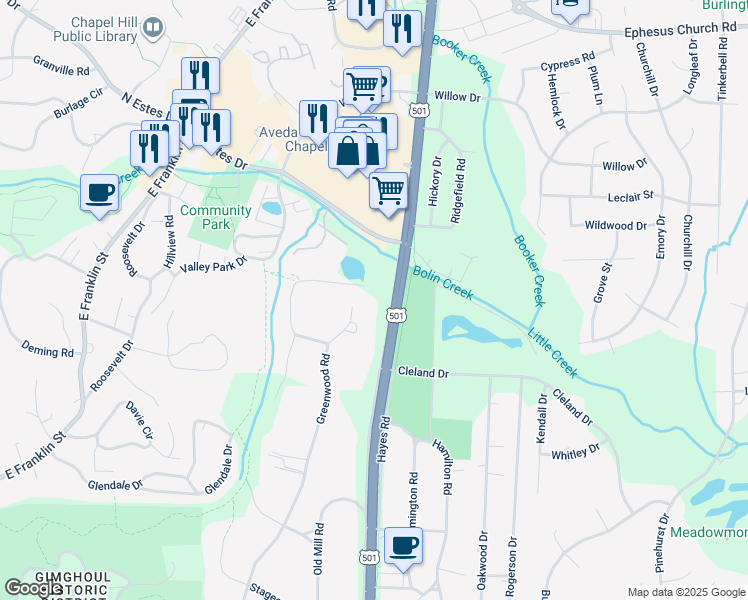 map of restaurants, bars, coffee shops, grocery stores, and more near 609 Greenwood Road in Chapel Hill