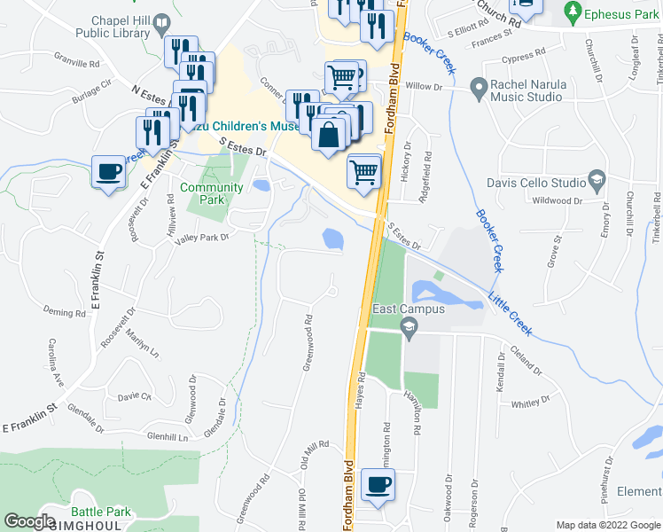 map of restaurants, bars, coffee shops, grocery stores, and more near 606 Greenwood Road in Chapel Hill