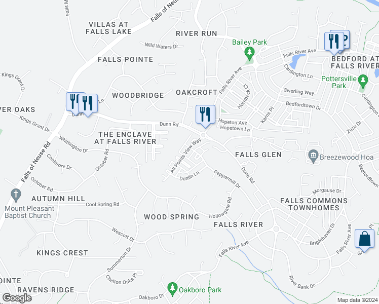 map of restaurants, bars, coffee shops, grocery stores, and more near 4511 All Points View Way in Raleigh