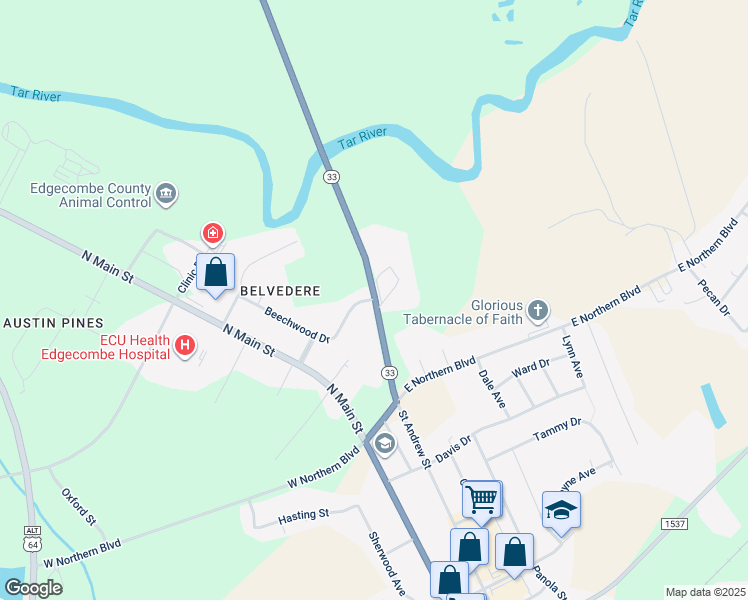 map of restaurants, bars, coffee shops, grocery stores, and more near 2431 Saint Andrew Street in Tarboro