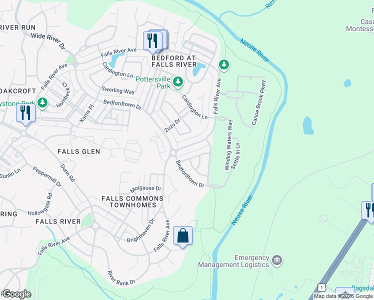 map of restaurants, bars, coffee shops, grocery stores, and more near 3013 Falls River Avenue in Raleigh