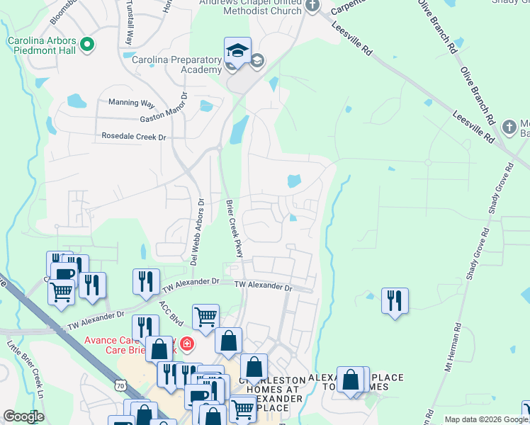 map of restaurants, bars, coffee shops, grocery stores, and more near 122 Shale Creek Drive in Durham