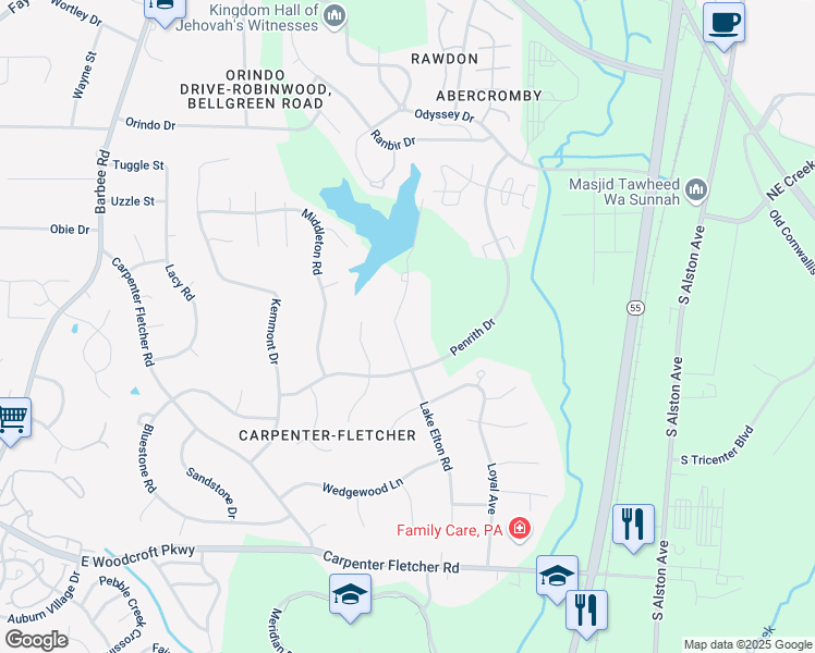 map of restaurants, bars, coffee shops, grocery stores, and more near 5501 Lake Elton Road in Durham