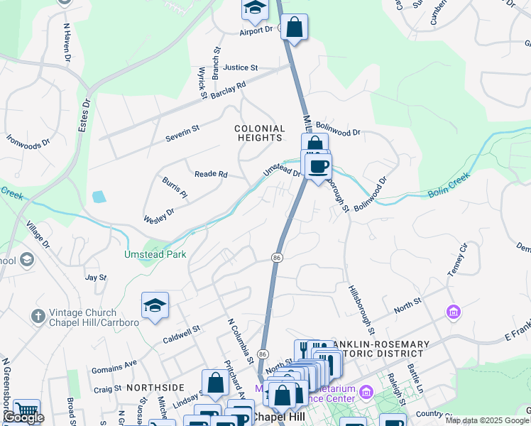 map of restaurants, bars, coffee shops, grocery stores, and more near 205 Sunrise Lane in Chapel Hill