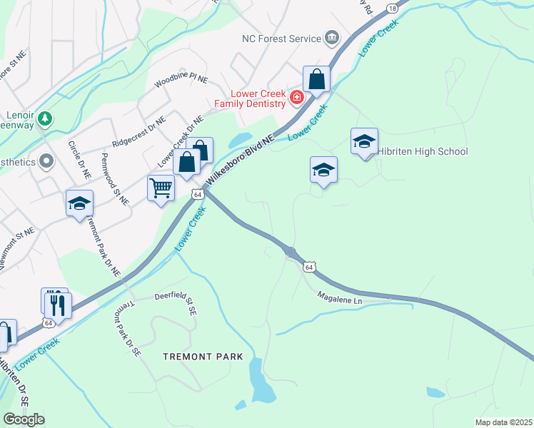 map of restaurants, bars, coffee shops, grocery stores, and more near 1055 Cedar Hills Court Southeast in Lenoir