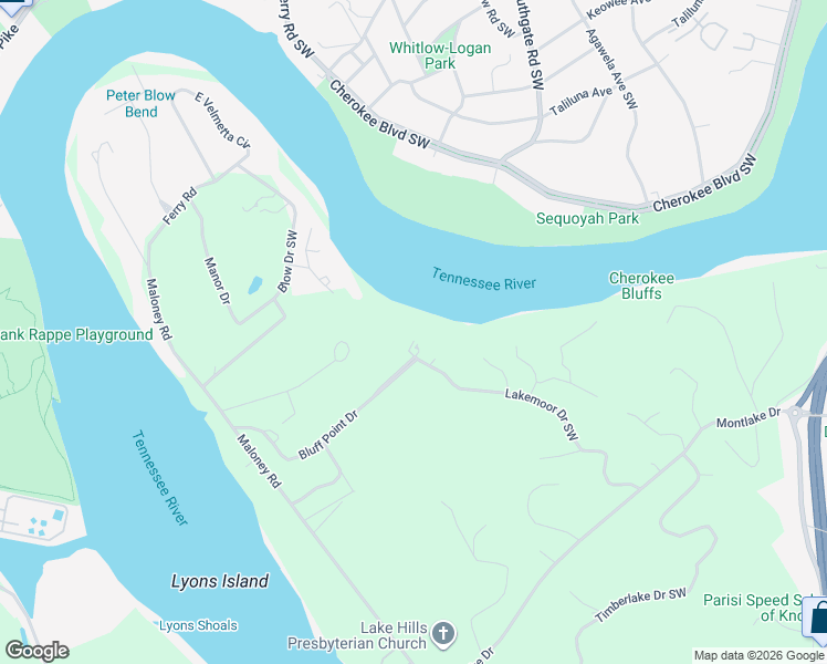 map of restaurants, bars, coffee shops, grocery stores, and more near 3505 Bluff Point Drive in Knoxville