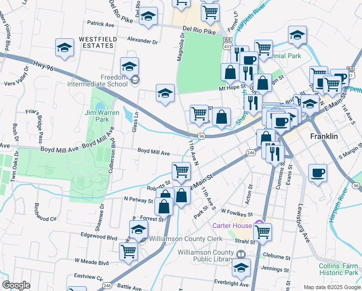 map of restaurants, bars, coffee shops, grocery stores, and more near 333 11th Avenue North in Franklin