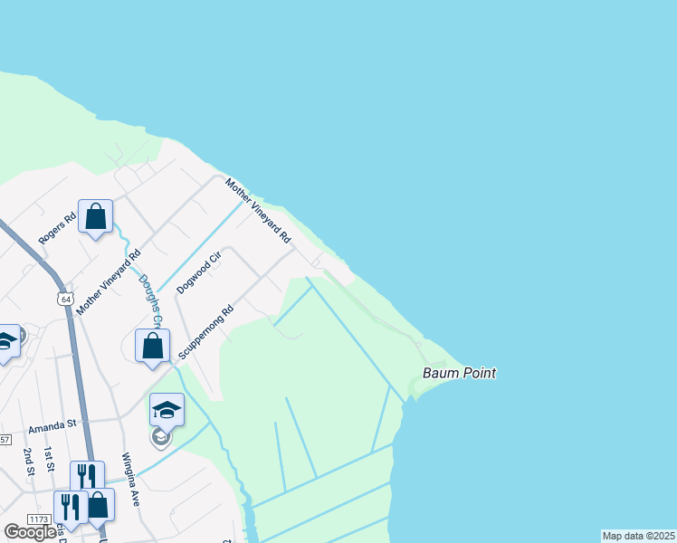 map of restaurants, bars, coffee shops, grocery stores, and more near 301 Mother Vineyard Road in Manteo