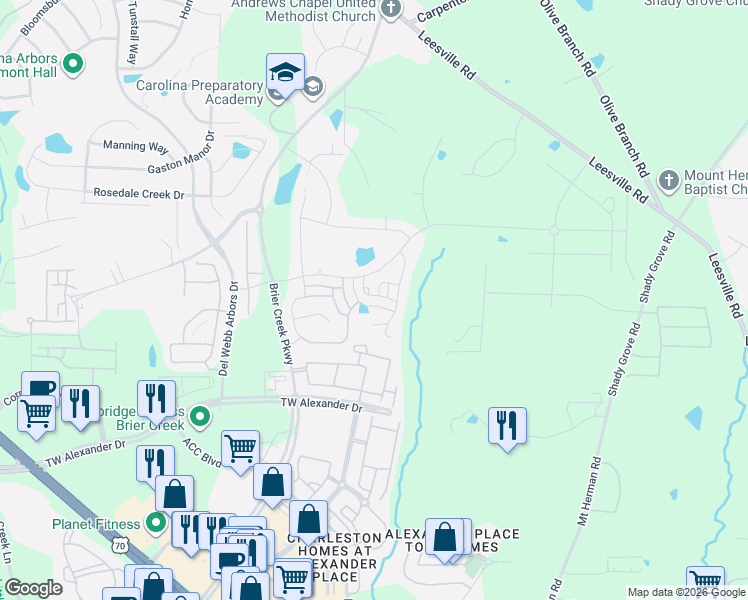 map of restaurants, bars, coffee shops, grocery stores, and more near 511 Andrews Chapel Road in Durham