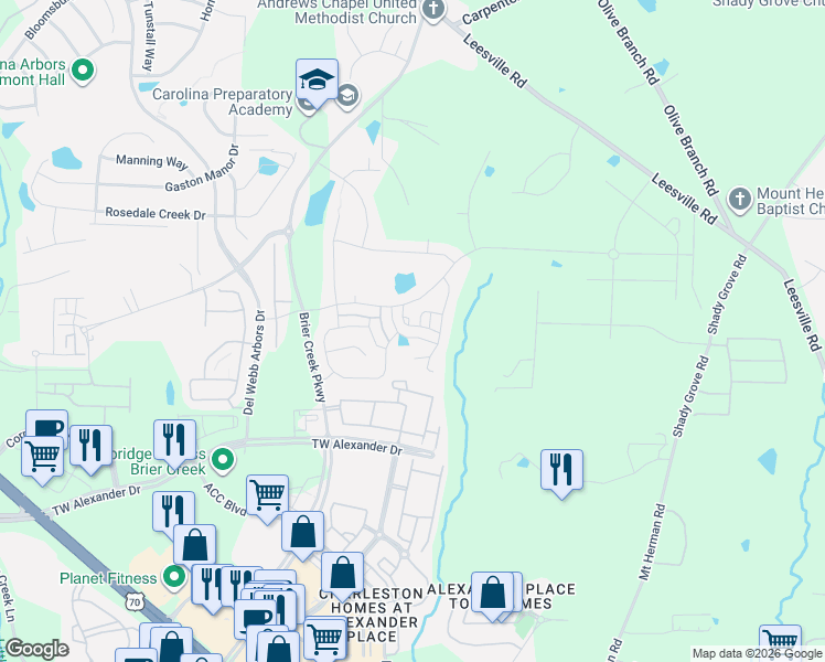 map of restaurants, bars, coffee shops, grocery stores, and more near 511 Andrews Chapel Road in Durham