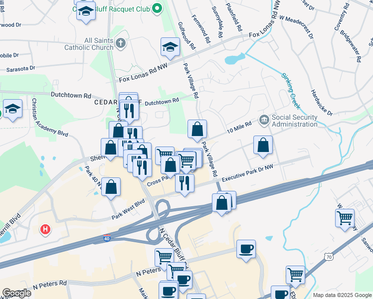 map of restaurants, bars, coffee shops, grocery stores, and more near 9115 Cross Park Drive in Knoxville