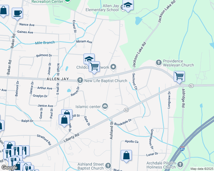 map of restaurants, bars, coffee shops, grocery stores, and more near 3606 Akers Court in High Point