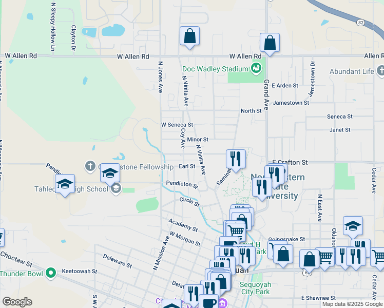 map of restaurants, bars, coffee shops, grocery stores, and more near 308 York Street in Tahlequah