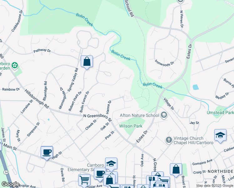map of restaurants, bars, coffee shops, grocery stores, and more near 121 Hanna Street in Carrboro