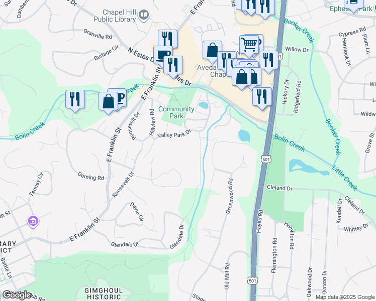 map of restaurants, bars, coffee shops, grocery stores, and more near 220 Hillcrest Circle in Chapel Hill
