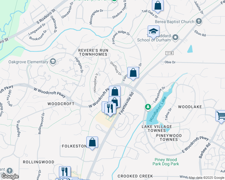 map of restaurants, bars, coffee shops, grocery stores, and more near 102 Nuttree Way in Durham