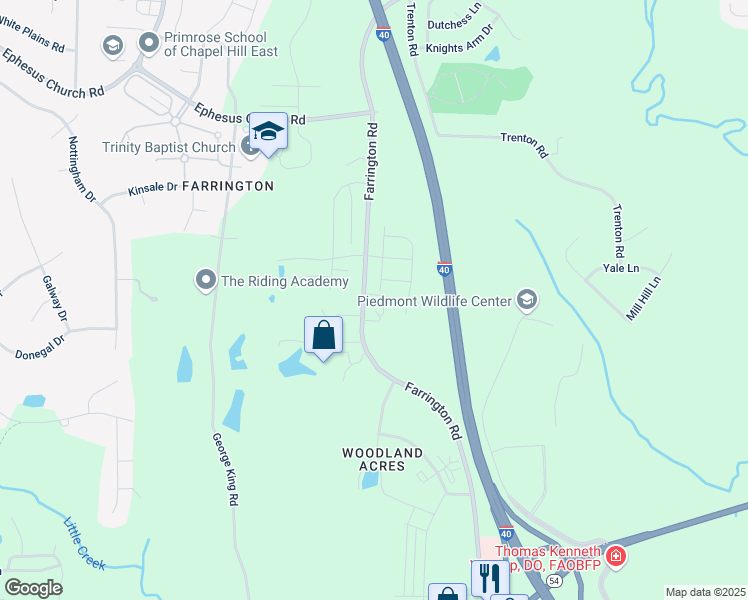 map of restaurants, bars, coffee shops, grocery stores, and more near 5217 Farrington Road in Chapel Hill