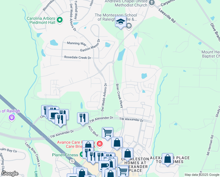 map of restaurants, bars, coffee shops, grocery stores, and more near 131 Acorn Hollow Place in Durham