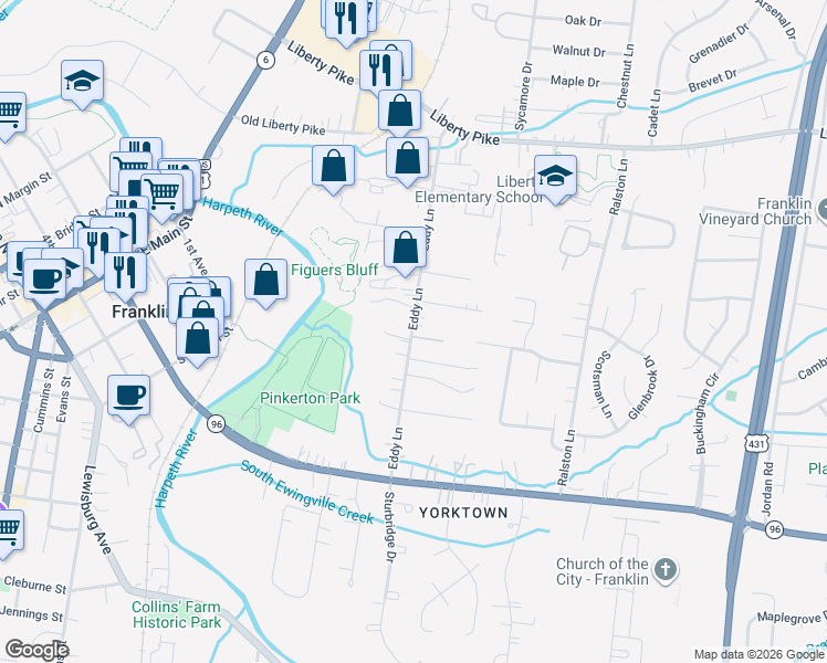 map of restaurants, bars, coffee shops, grocery stores, and more near 407 Eddy Lane in Franklin