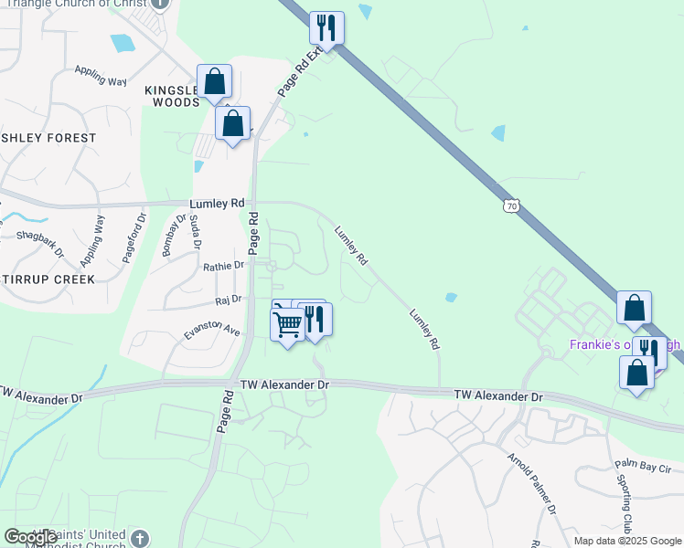 map of restaurants, bars, coffee shops, grocery stores, and more near 5700 Terrier Place in Morrisville