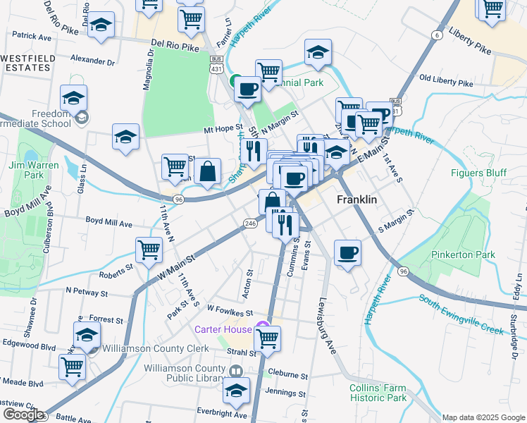 map of restaurants, bars, coffee shops, grocery stores, and more near 711 Fair Street in Franklin