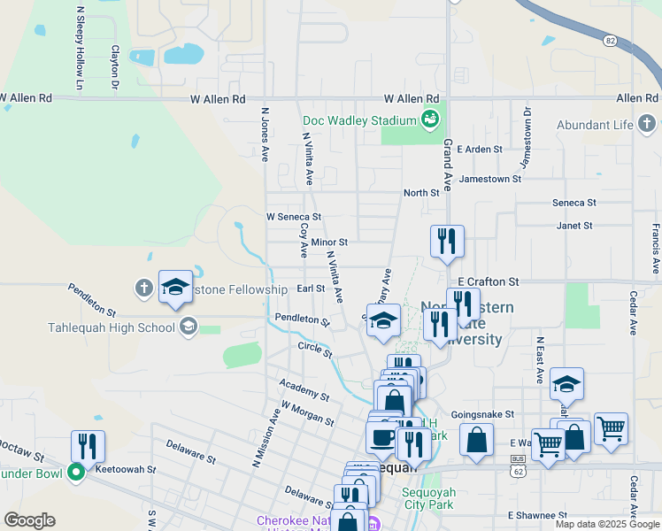 map of restaurants, bars, coffee shops, grocery stores, and more near 308 York Street in Tahlequah