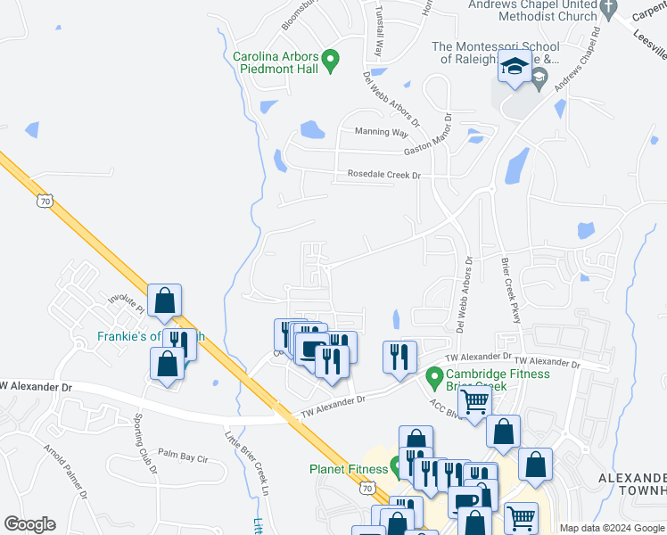 map of restaurants, bars, coffee shops, grocery stores, and more near 1025 Andrews Chapel Road in Durham