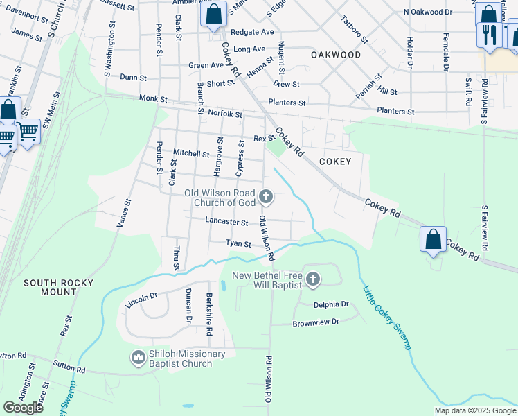 map of restaurants, bars, coffee shops, grocery stores, and more near 1504 Old Wilson Road in Rocky Mount