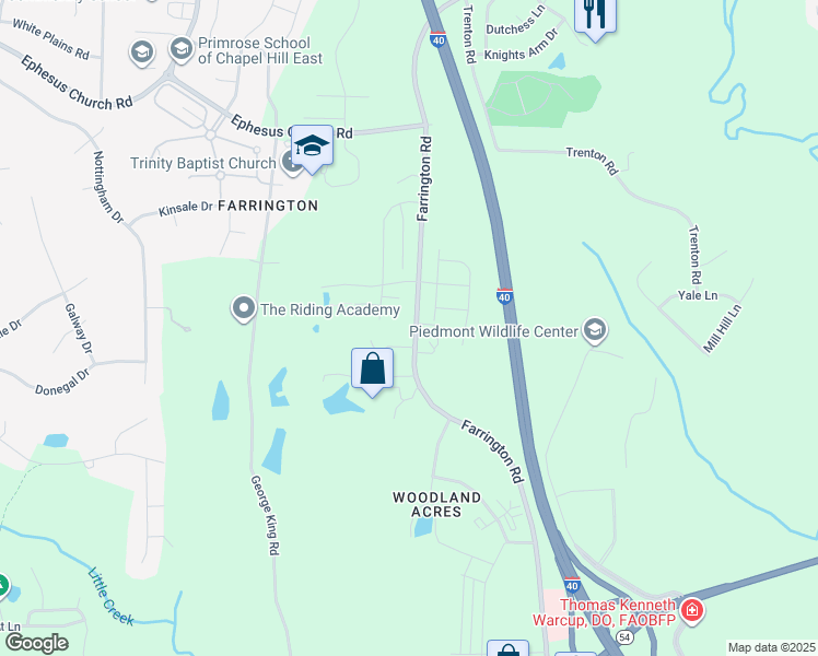 map of restaurants, bars, coffee shops, grocery stores, and more near 5216 Farrington Road in Chapel Hill