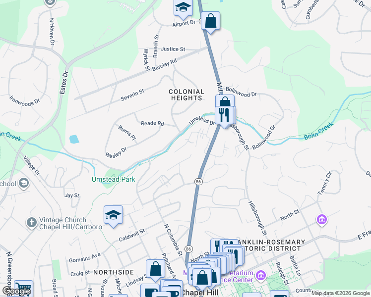 map of restaurants, bars, coffee shops, grocery stores, and more near 224 Greene Street in Chapel Hill