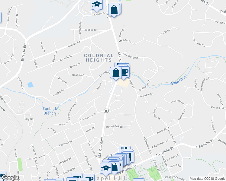 map of restaurants, bars, coffee shops, grocery stores, and more near 708 Martin Luther King Jr Blvd in Chapel Hill