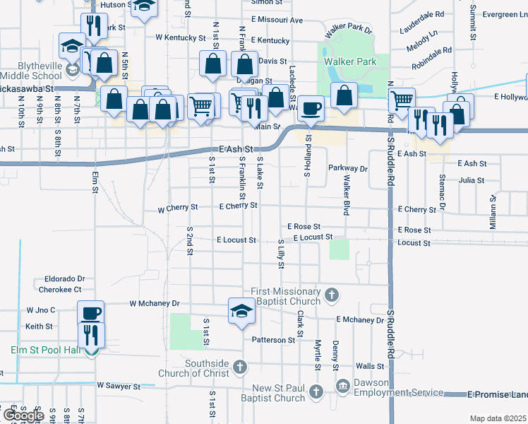 map of restaurants, bars, coffee shops, grocery stores, and more near 508 South Lake Street in Blytheville