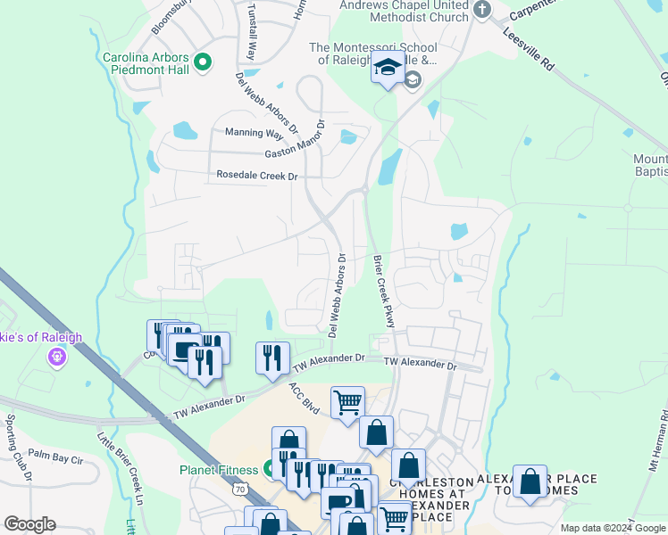 map of restaurants, bars, coffee shops, grocery stores, and more near 221 Brier Crossings Loop in Durham