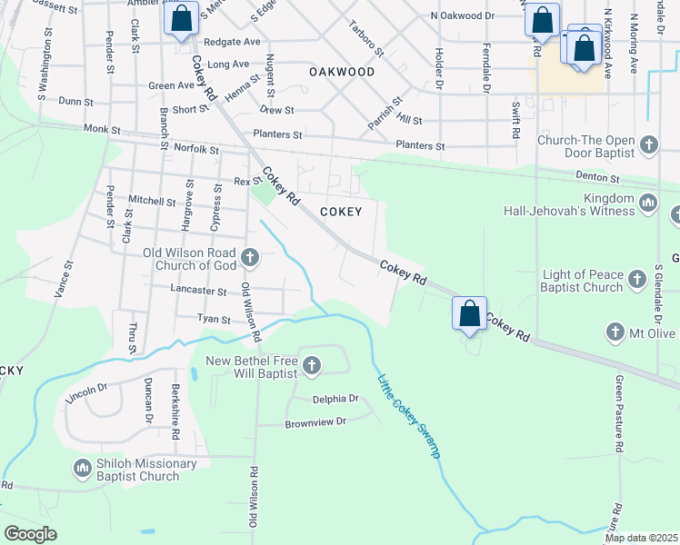 map of restaurants, bars, coffee shops, grocery stores, and more near 100 Parrish Court in Rocky Mount