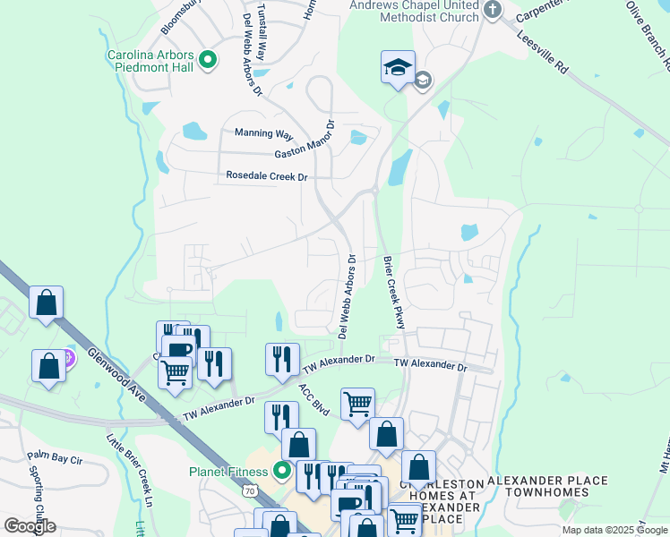 map of restaurants, bars, coffee shops, grocery stores, and more near 220 Brier Crossings Loop in Durham