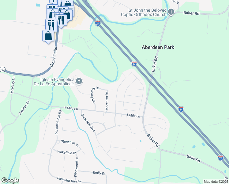map of restaurants, bars, coffee shops, grocery stores, and more near 127 Neecee Drive in Smyrna