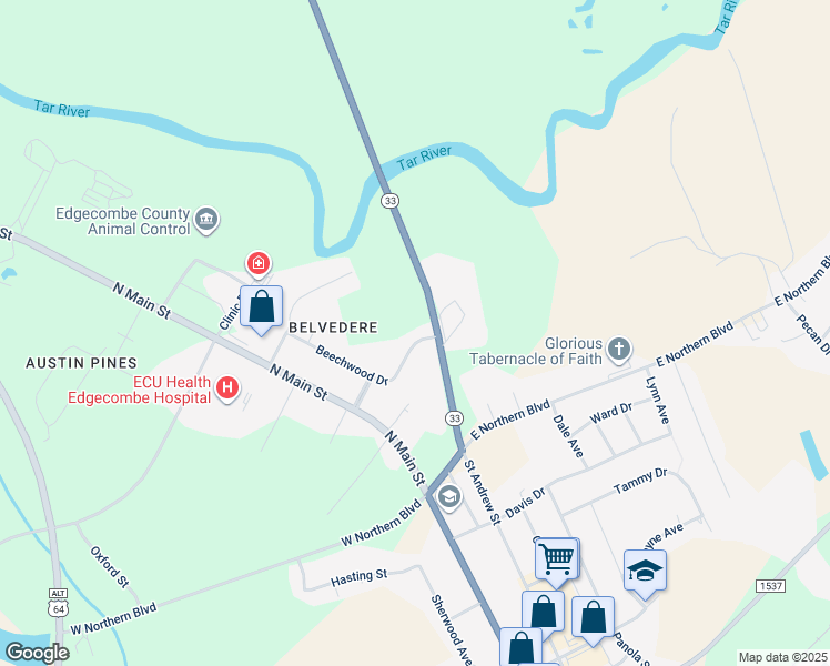 map of restaurants, bars, coffee shops, grocery stores, and more near 2505 Beechwood Drive in Tarboro