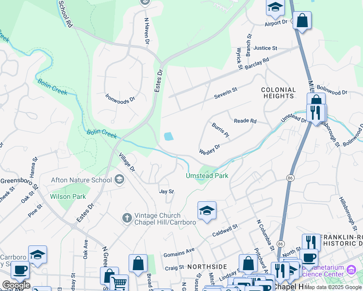 map of restaurants, bars, coffee shops, grocery stores, and more near 500 Umstead Drive in Chapel Hill