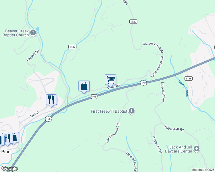 map of restaurants, bars, coffee shops, grocery stores, and more near 377 Cabin Road in Spruce Pine