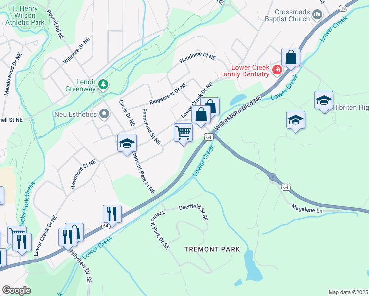 map of restaurants, bars, coffee shops, grocery stores, and more near 847 Wilkesboro Boulevard Northeast in Lenoir