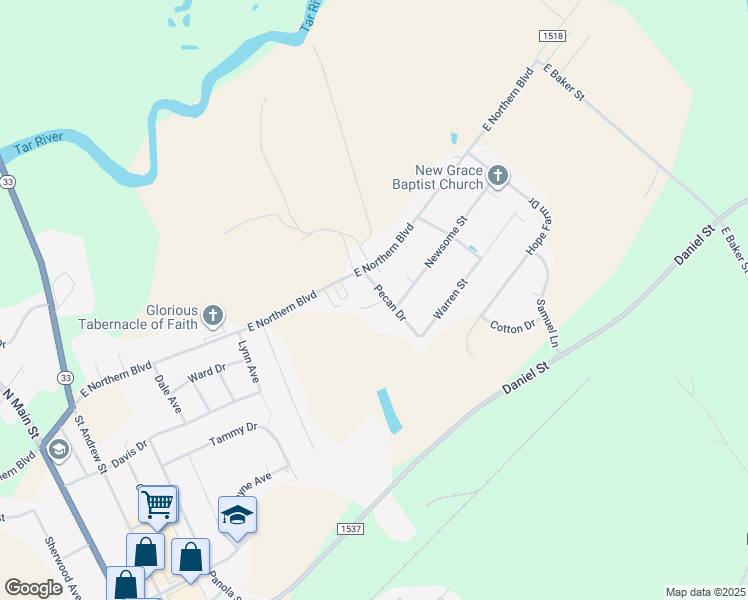 map of restaurants, bars, coffee shops, grocery stores, and more near 2504 Pecan Drive in Tarboro