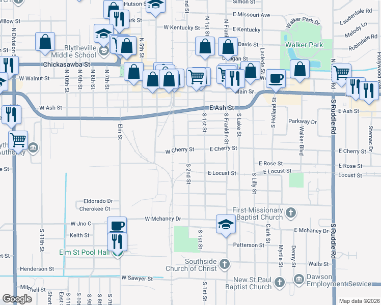 map of restaurants, bars, coffee shops, grocery stores, and more near 121 West Cherry Street in Blytheville